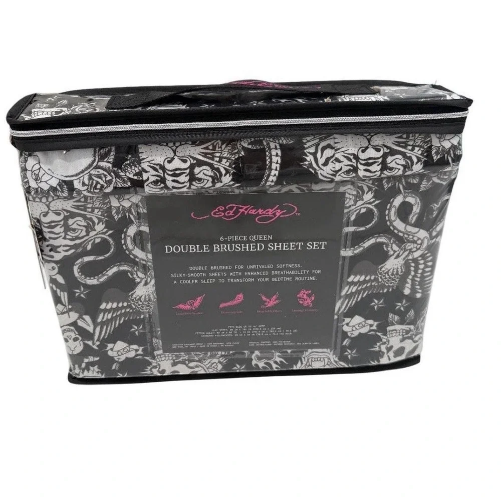 Ed Hardy Tiger Skull Snake Black White 6 Piece Queen Sheet Set NWT